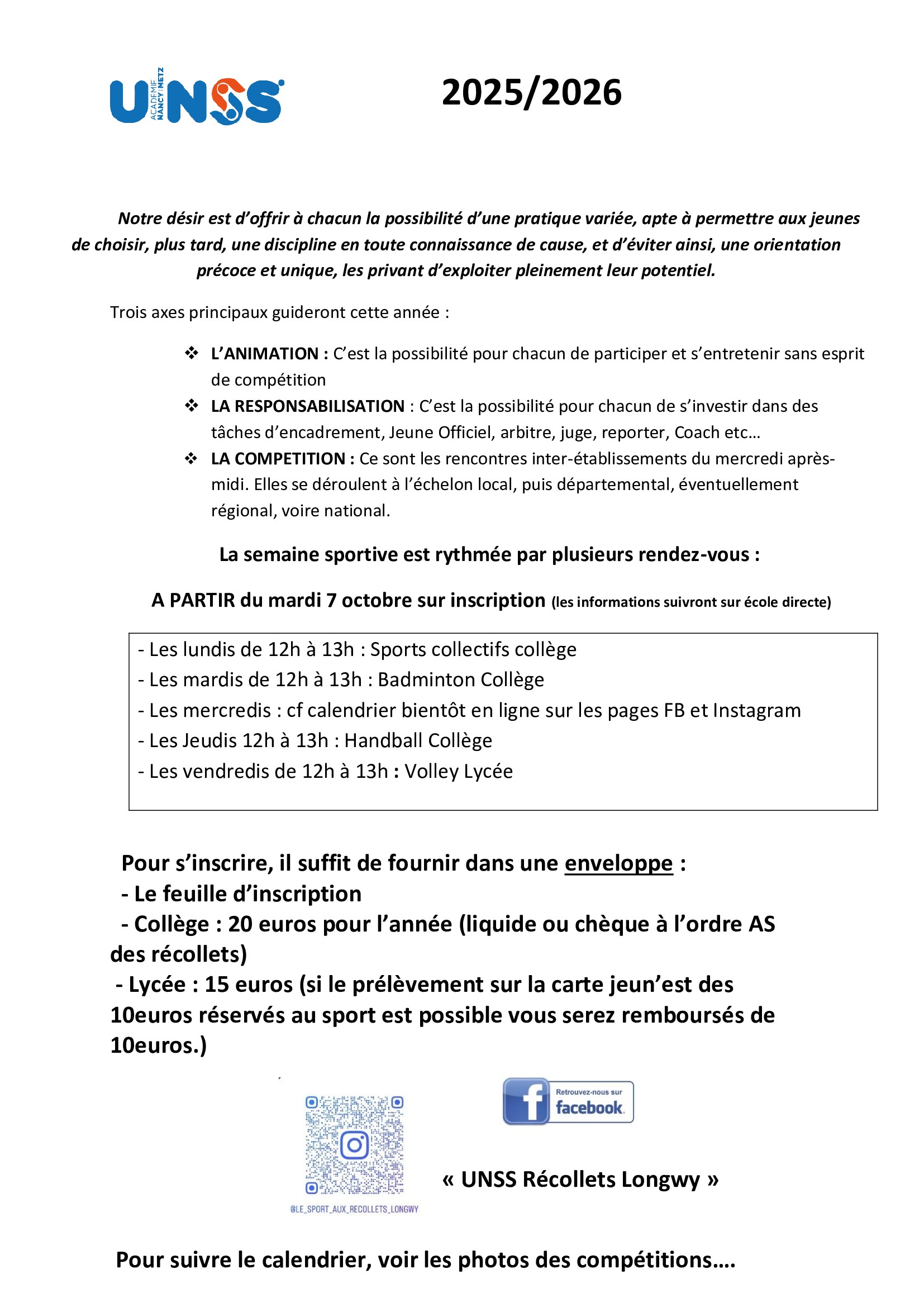 Inscription UNSS - Les Récollets