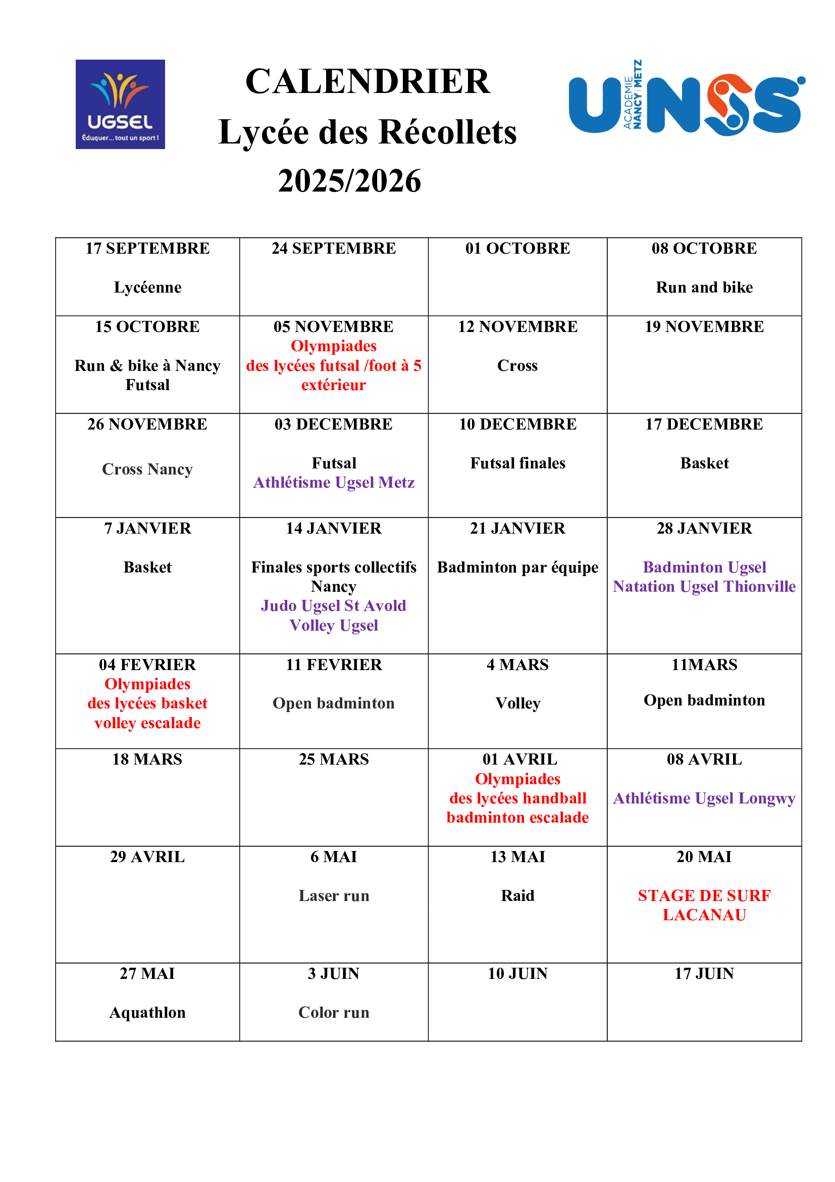 Calendrier UNSS Lycée - Les Récollets