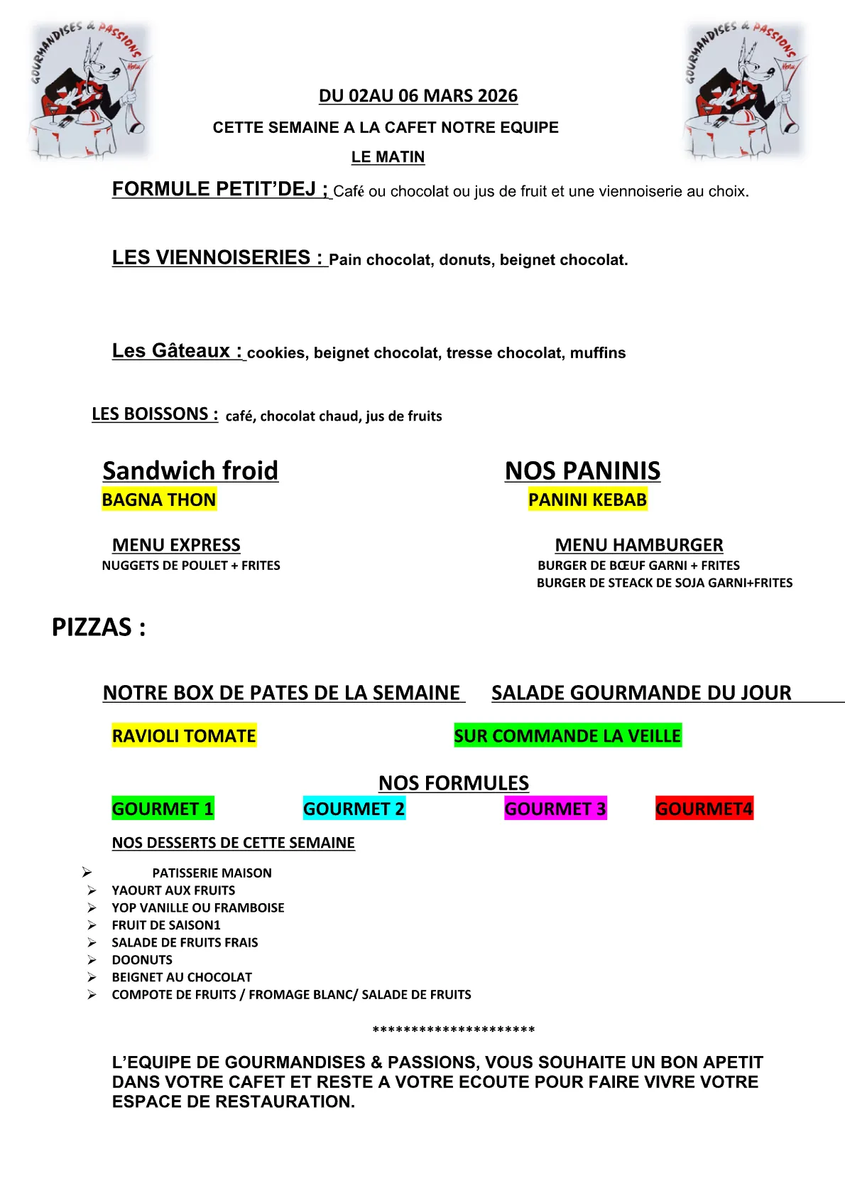 Menu Cafeteria du Lycee - Les Recollets