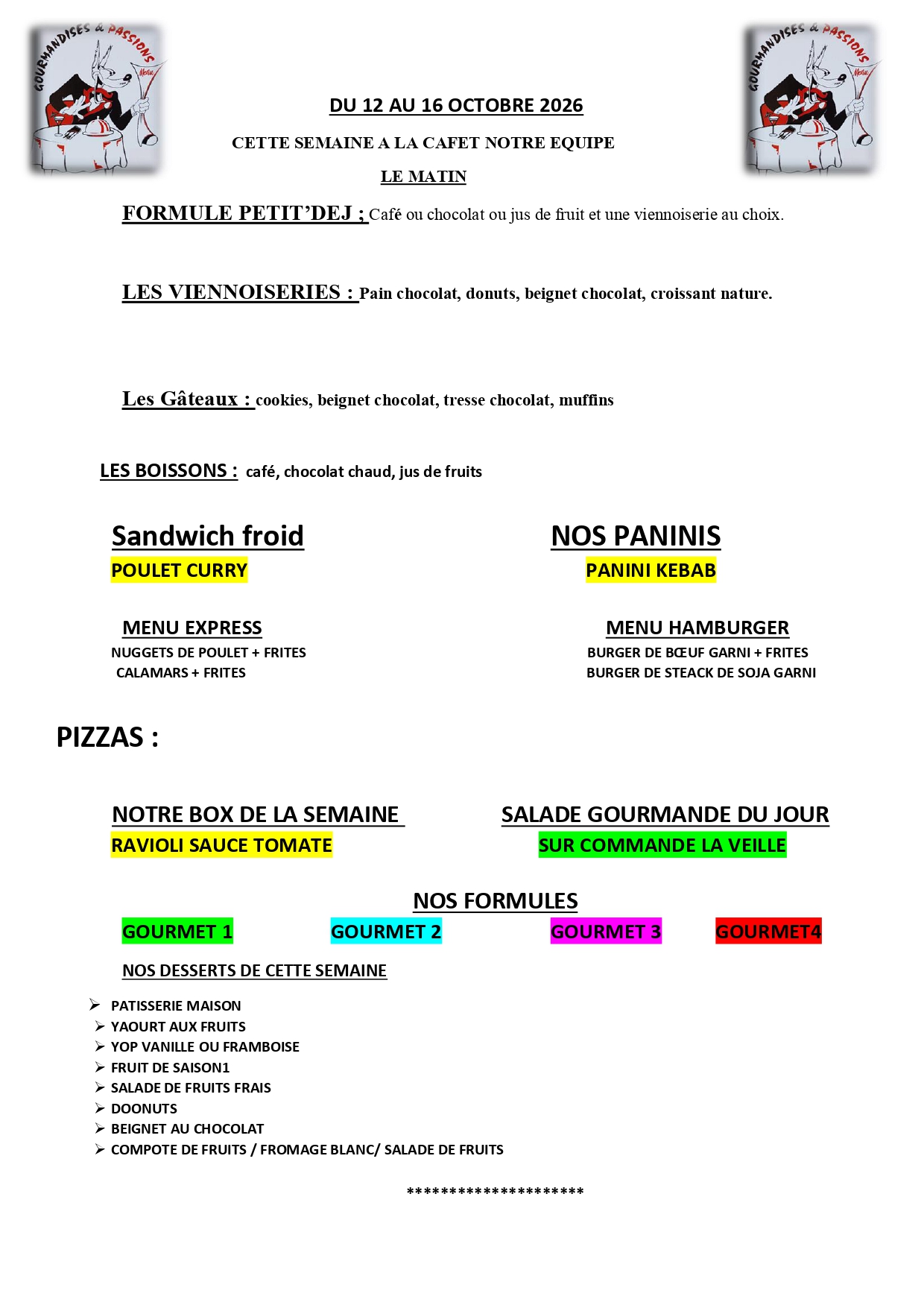Menu Cafétéria du Lycée de la semaine